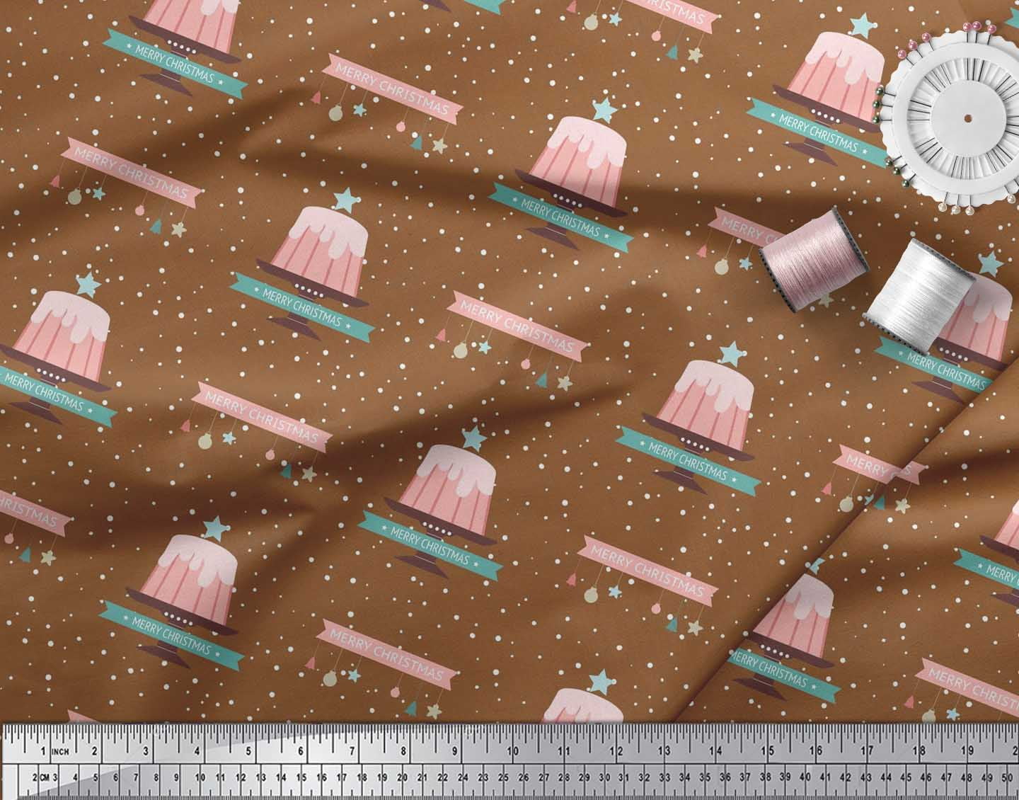 Soimoi Brown Modal Satin Fabric Cake & Ornaments Christmas Print Sewing Fabric Yard 42 Inch Wide