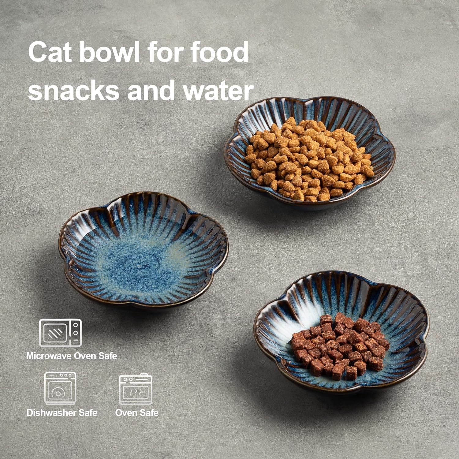 Cat Food Bowls, Ceramic Pet Plates, Cat Dish for Food, Water and Snack, 4.72 Inch, Indoor and Outdoor Use, Kitten Puppy and Small Animals Bowls Set of 3 (Blue)