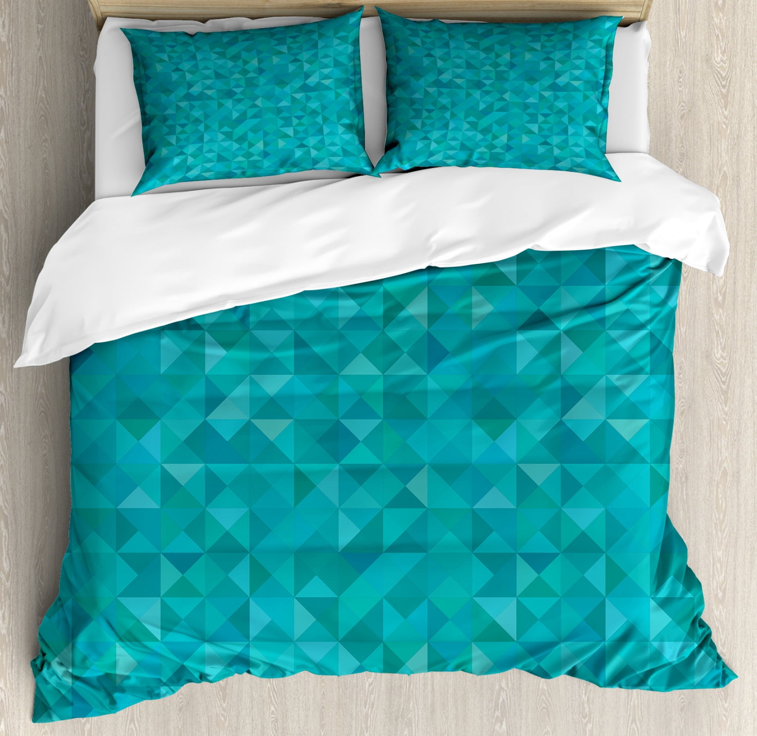 Teal Duvet Cover Set Queen Size, Geometrical Shapes Triangles Squares