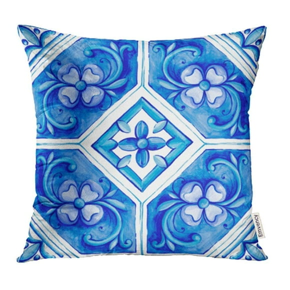 EREHome White Blue Ornaments on The Tiles Watercolor Spain Italy Majolica Floral Color Pillowcase Cushion Cover 18x18 inch