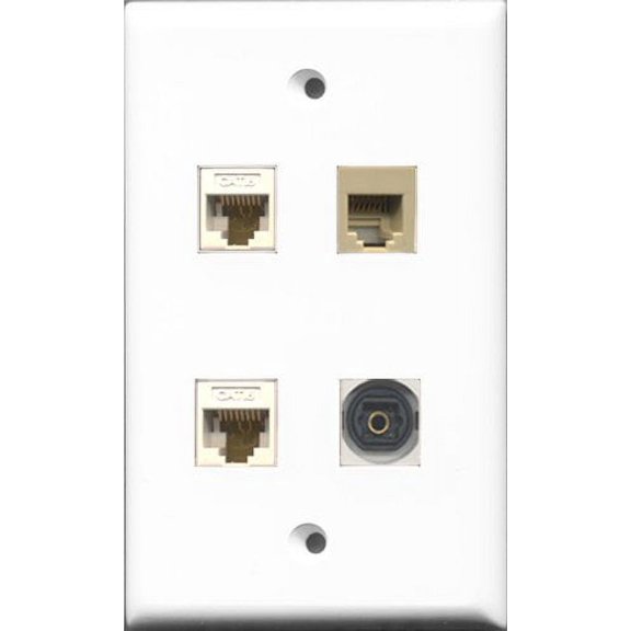 RiteAV 1 Port Phone RJ11 RJ12 Beige and 1 Port Toslink 2 Port Cat6 Ethernet White Wall Plate