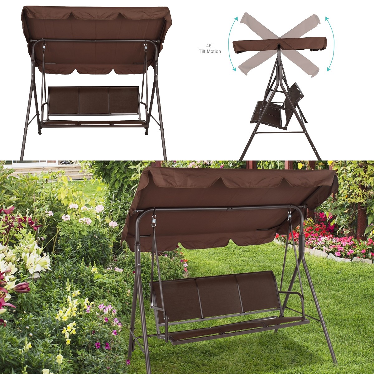 Goorabbit Swing Chair,Outdoor Hanging Bench,Swing Chair With Canopy Teslin Cushion 550lbs Load-Bearing Iron,66.93x 59.84x 26.35",Brown - image 1 of 14