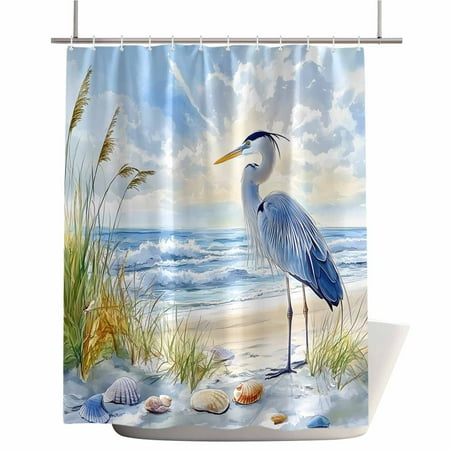 Shower Curtains for Bathroom-72"x72",Long-beaked Heron in Beach Waterproof Bath Curtain Grommet Shower Curtain Set with Hooks,Nautical Coastal Ocean Seascape Washable Bath Accessories