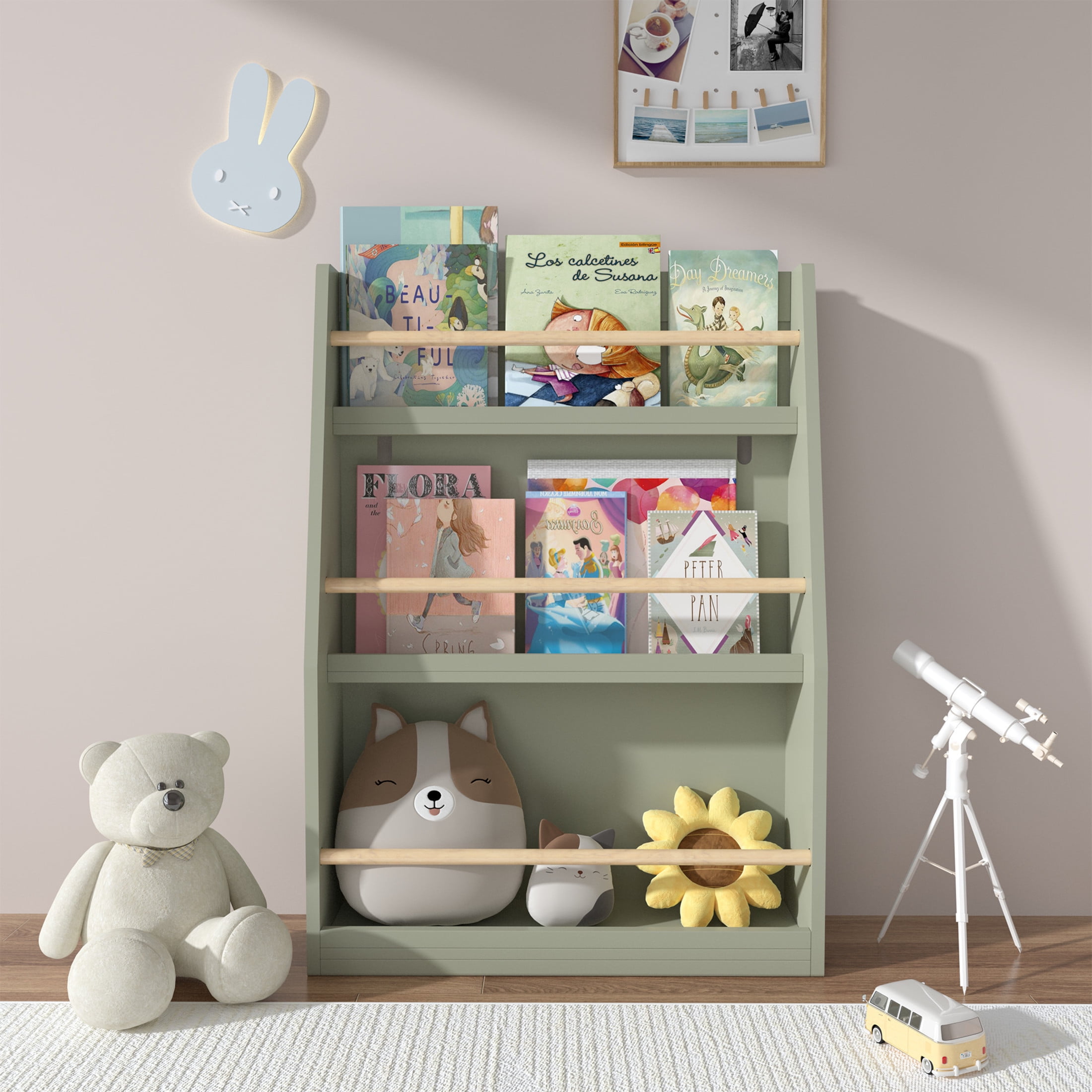 Noble House Sage 3-Tier Kids Book Shelf, Front-Facing Toddler Book Rack for Bedroom, Playroom or Nursery, Sage