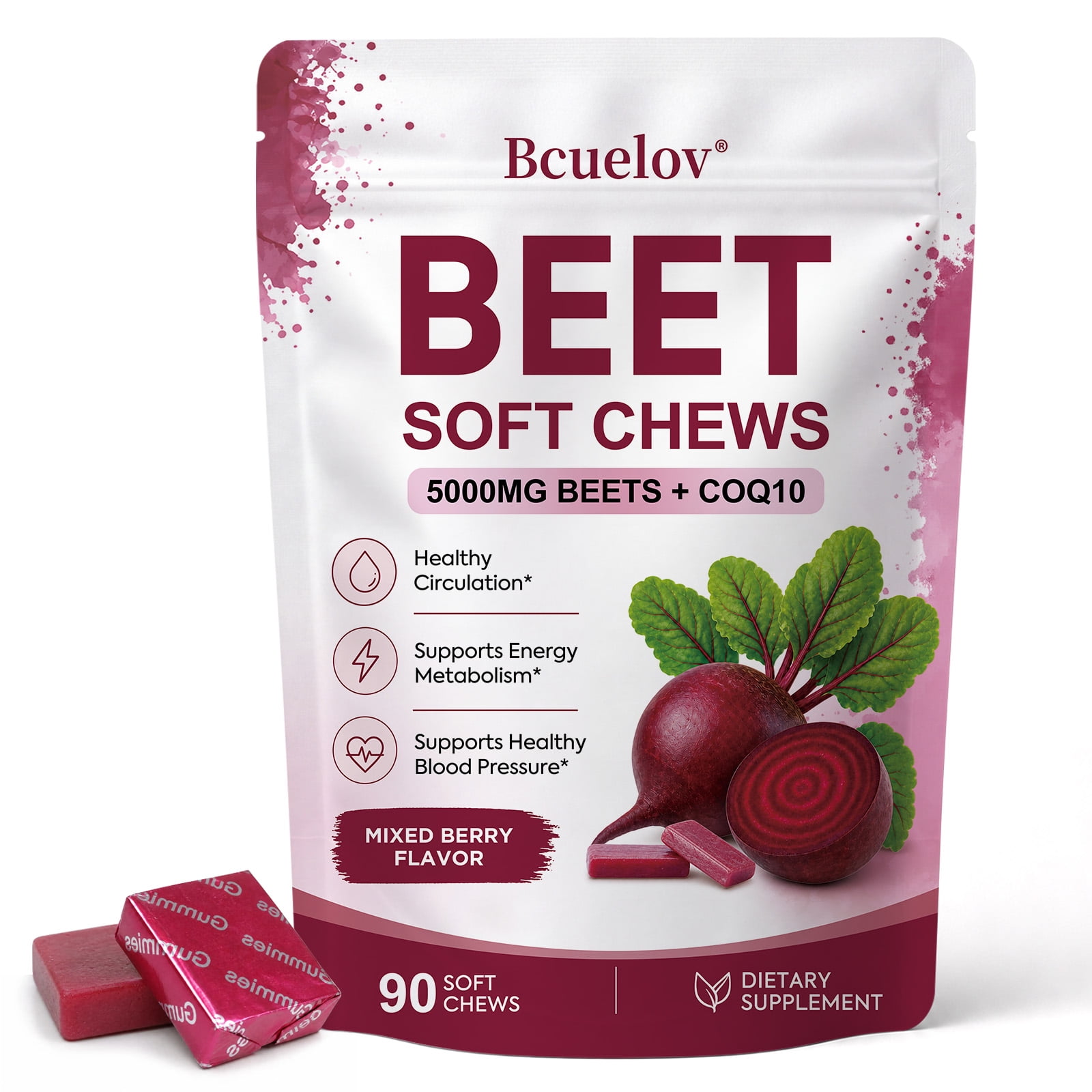 Bcuelov Beet Root Soft Chews, Equivalent to 5000 mg Beet Root with CoQ10, Vitamin B12 & Vitamin C, Daily Wellness Supplement, 90 Chews