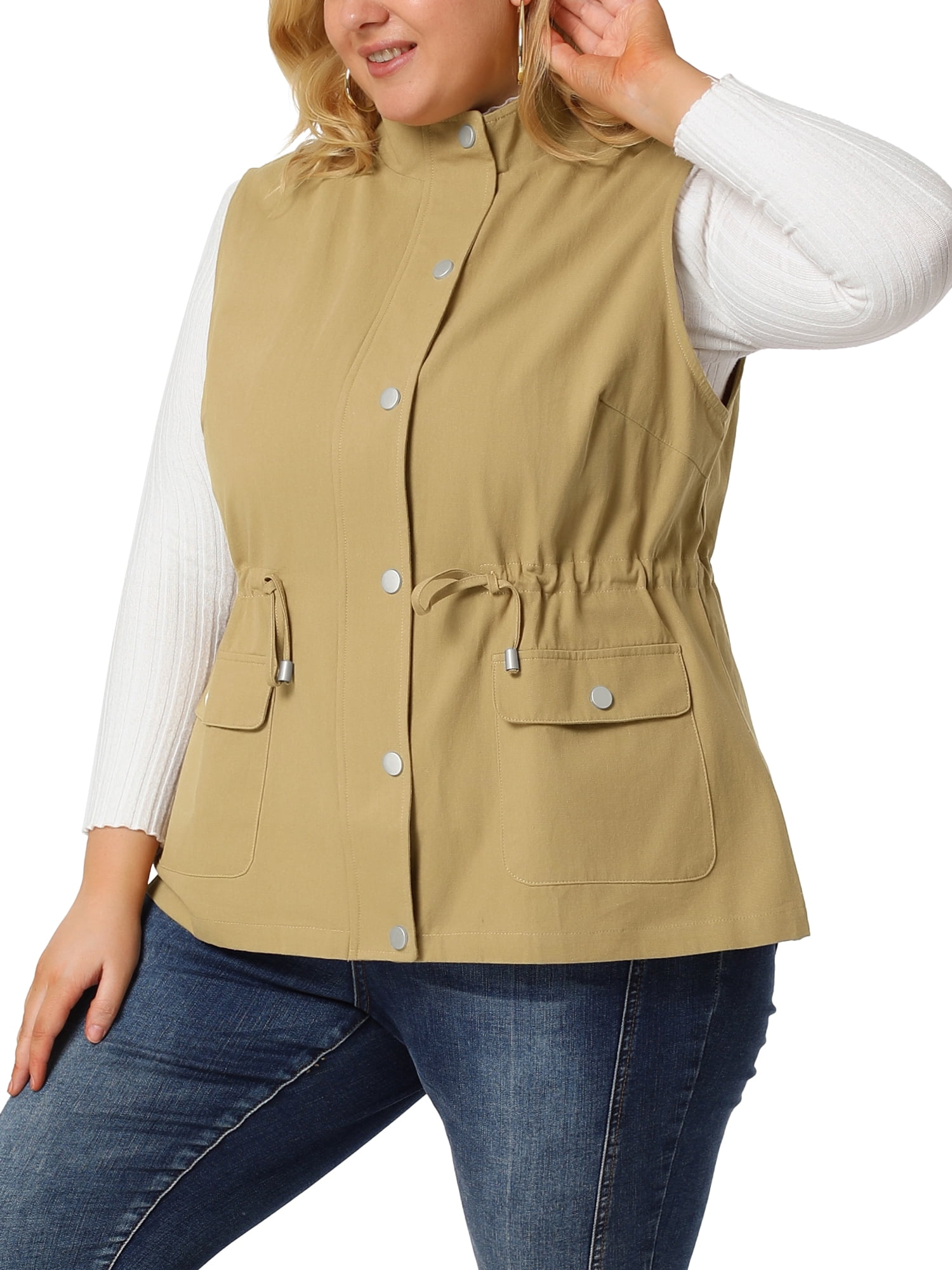 DARING DIVA Women's Plus Size Lightweight Sleeveless Anorak Cargo Vest 1X Khaki