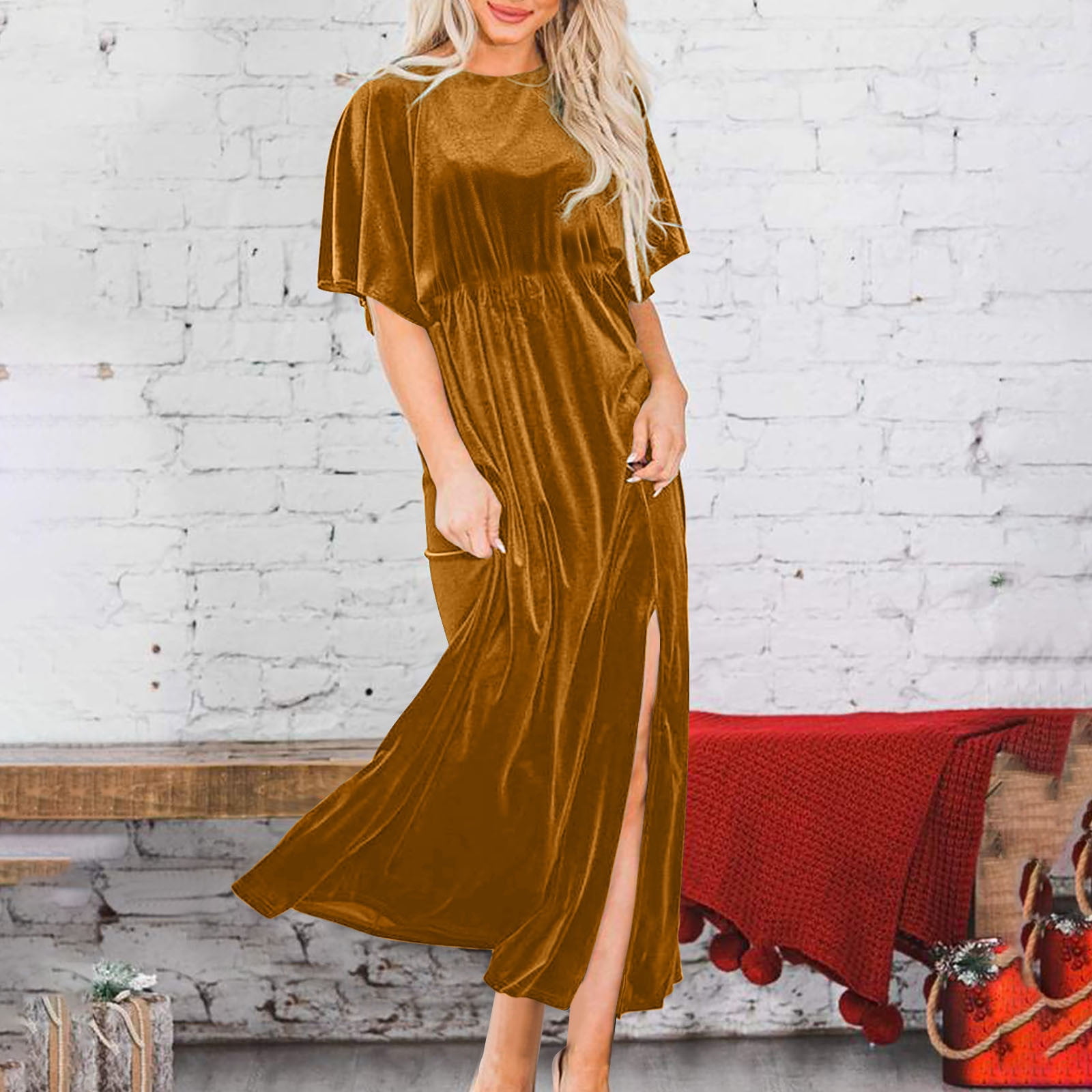 Women's Velvet Dresses Round Neck Bell Sleeve T-Shirt Dress High Split Elastic Waist Solid Dressy Dress Cocktail Party Wedding Midi Dress Gold,XL