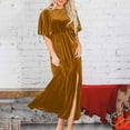 thumbnail image 2 of Women's Velvet Dresses Round Neck Bell Sleeve T-Shirt Dress High Split Elastic Waist Solid Dressy Dress Cocktail Party Wedding Midi Dress Gold,S, 2 of 6