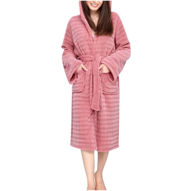 FRSASU Womens Robe, Coral Fleece Bathrobe with Hood, Hooded Robes for Women Plus Size Absorbent Strap Bath Robe Red Free Size(Free Size)