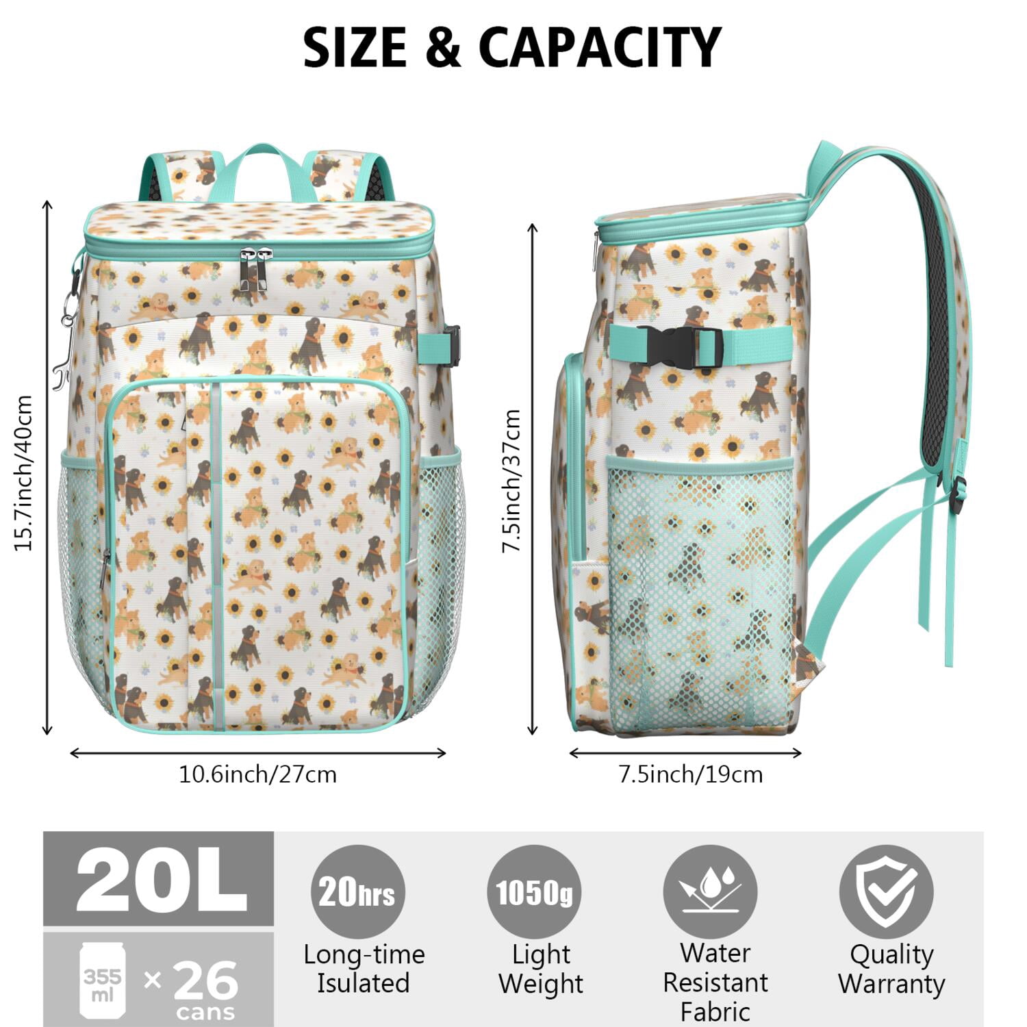 Travel Cooler Bag - Dogs with Sunflowers Camping Beer Cooler Backpack with Bottle Opener- Waterproof Insulated Picnic Backpacks - Cooler Bag for Beach