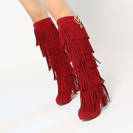 

Clearance Sales Online Deals Women s Shoes Retro Solid Color Ethnic Style Suede Fringed Metal Decoration Female High Boots