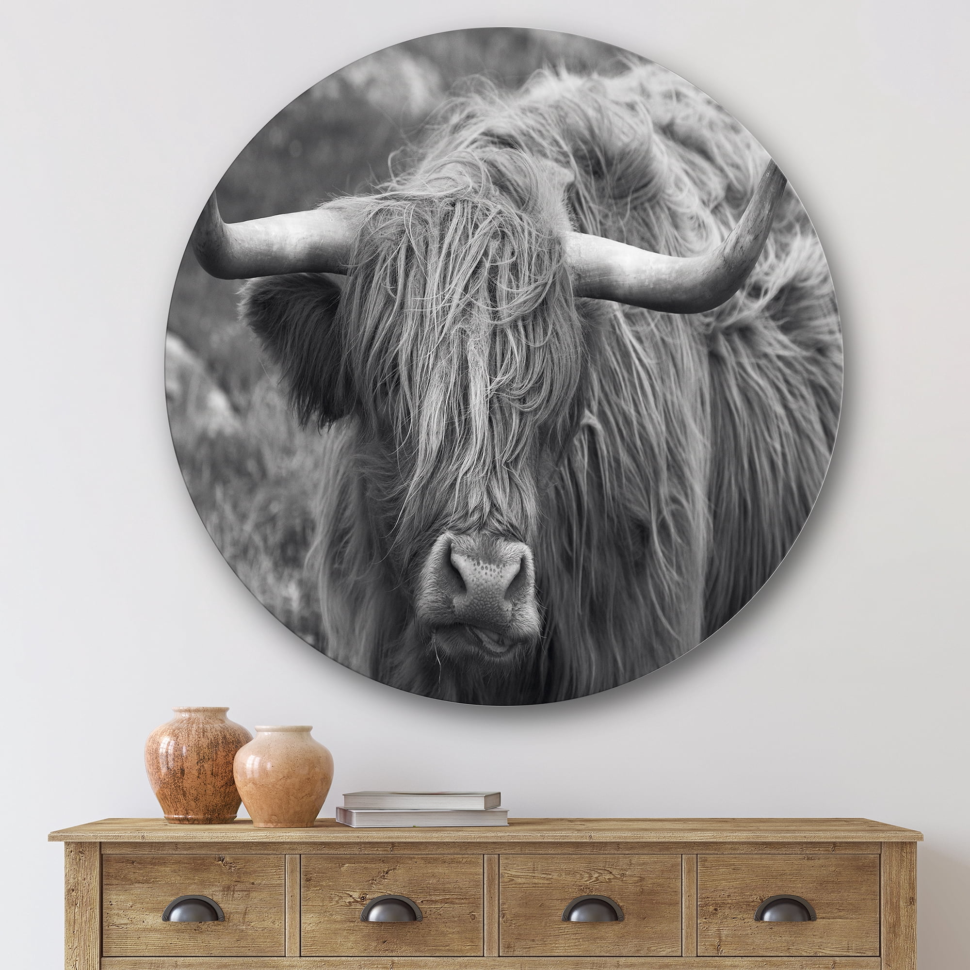 Designart 'Close Up Of Scottish Cow On Moorland I' Farmhouse Circle Metal Wall Art 36x36 - Disc of 36