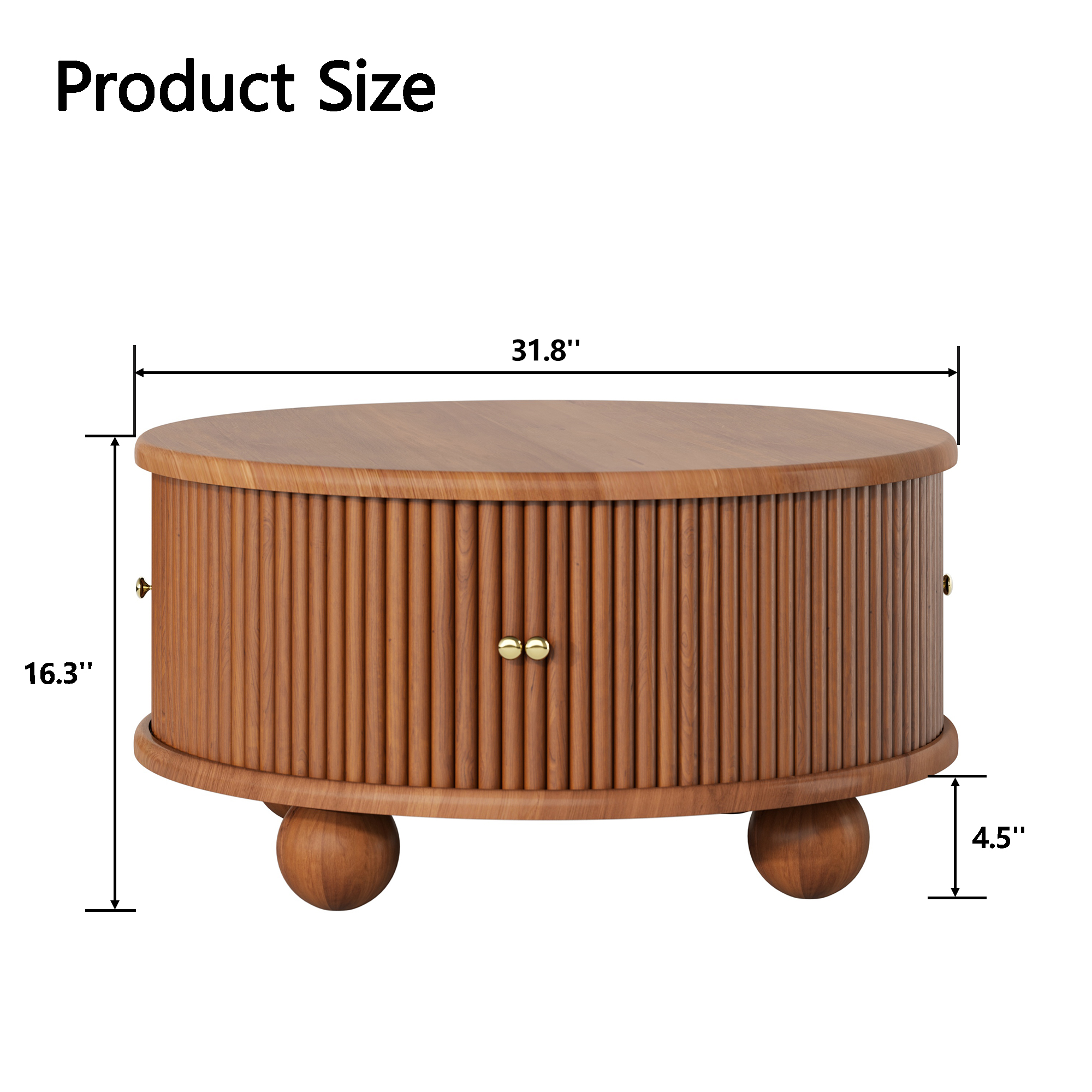 Euroco Round Fluted Coffee Table with Storage, Sliding Door, Walnut, 31.8"