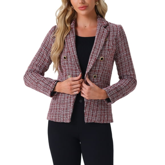 INSPIRE CHIC Women's Tweed Jackets Notched Lapel Long Sleeve Open Front Plaid Tweed Blazer M Red Black