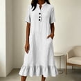 thumbnail image 4 of Husipze Womens Summer Cotton Linen Midi Dress Elbow Length Sleeve Button Front V Neck Casual Loose Dress with Pockets White S, 4 of 8