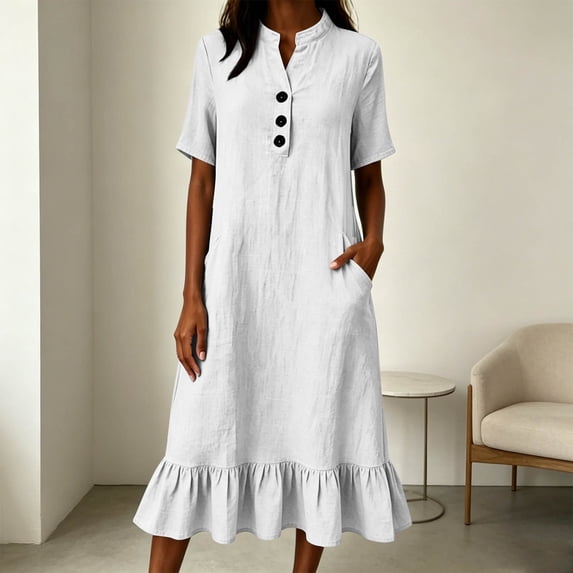 QUNYINEY Cotton Linen Casual Dresses for Women Summer White Midi Fall Short Sleeve A Line Dress Loose Fit with Pockets V Neck Button Dresses