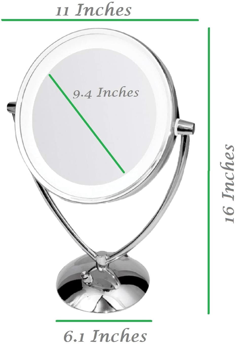 OVENTE Lighted Tabletop Makeup Mirror 9.5" LED Dimmable 1X 5X Magnifier 360 Adjustable Double Sided Battery USB Operated Bedroom Lamp Vanity Cosmetic Professional Large Polished Chrome MLT45CH1X5X
