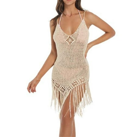 Daznico Ladies Summer Casual Beach Hand Knitted Sling Backless Tassel Hollow Bikini Swimsuit Cover Up Swimsuit Coverup for Women Beige S