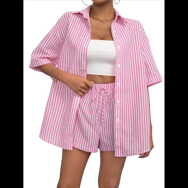 Conjunto de 2 Piezas para Mujer: Camiseta de Rayas de Corta de Verano y Mini Shorts Holgados de Cintura Alta. Rosa XL