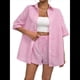 thumbnail image 1 of Conjunto de 2 Piezas para Mujer: Camiseta de Rayas de Corta de Verano y Mini Shorts Holgados de Cintura Alta. Rosa XS, 1 of 7
