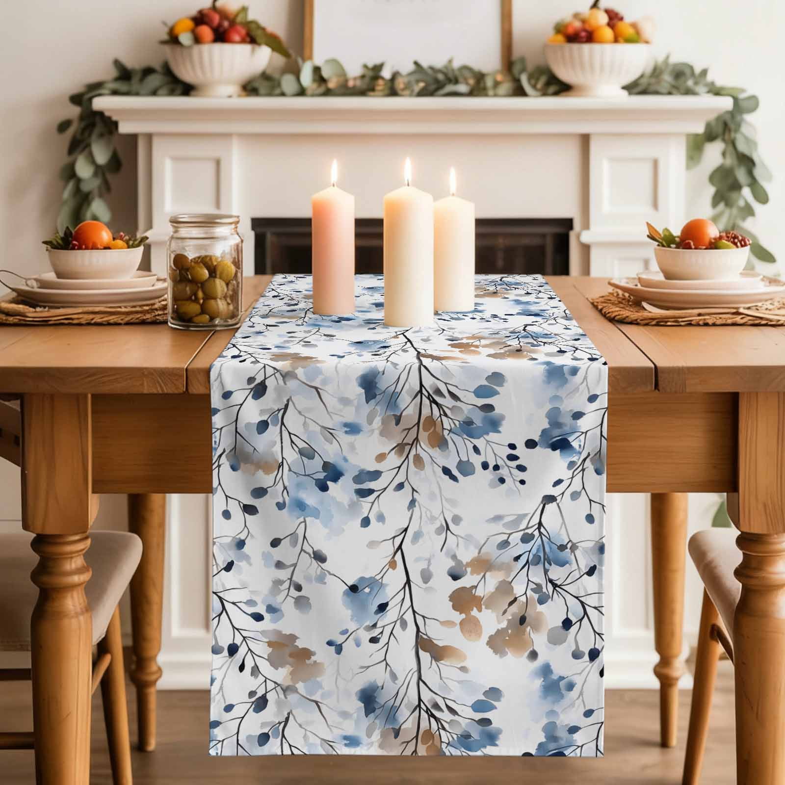 Blue Brown Spring Floral Table Runner, Summer Botanical Art Washable Cotton Linen Table Runners 90 Inches Long, Dresser Scarf Runner for Dining/Coffee/Kitchen/Hallway Tables 13''x90''