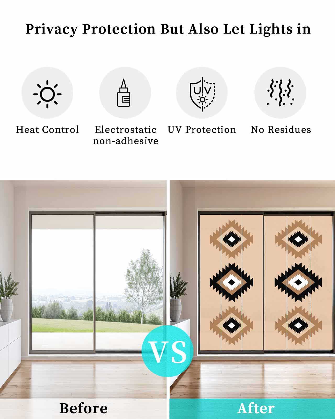 Window Privacy Film, Black Brown Boho Aztec UV Sun Blocking Window Tint Film Heat Control One Way Blackout Window Film, Morocco Mexican Geometric Bohemian Non Adhesive Static Cling 35.4x78.7 In