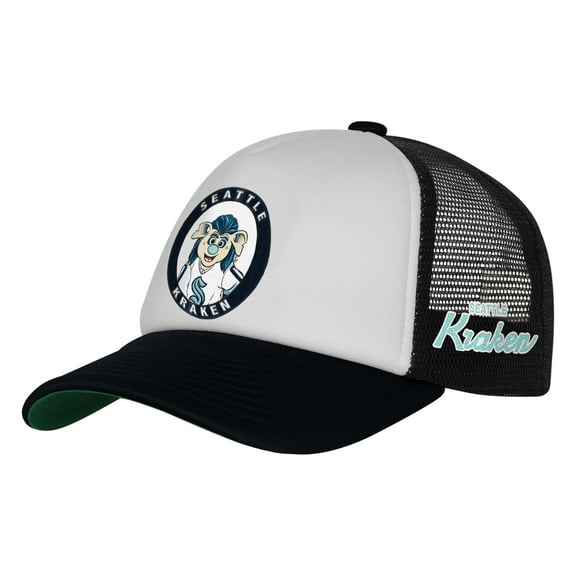 Youth Mitchell & Ness White Seattle Kraken Mascot Adjustable Trucker Hat