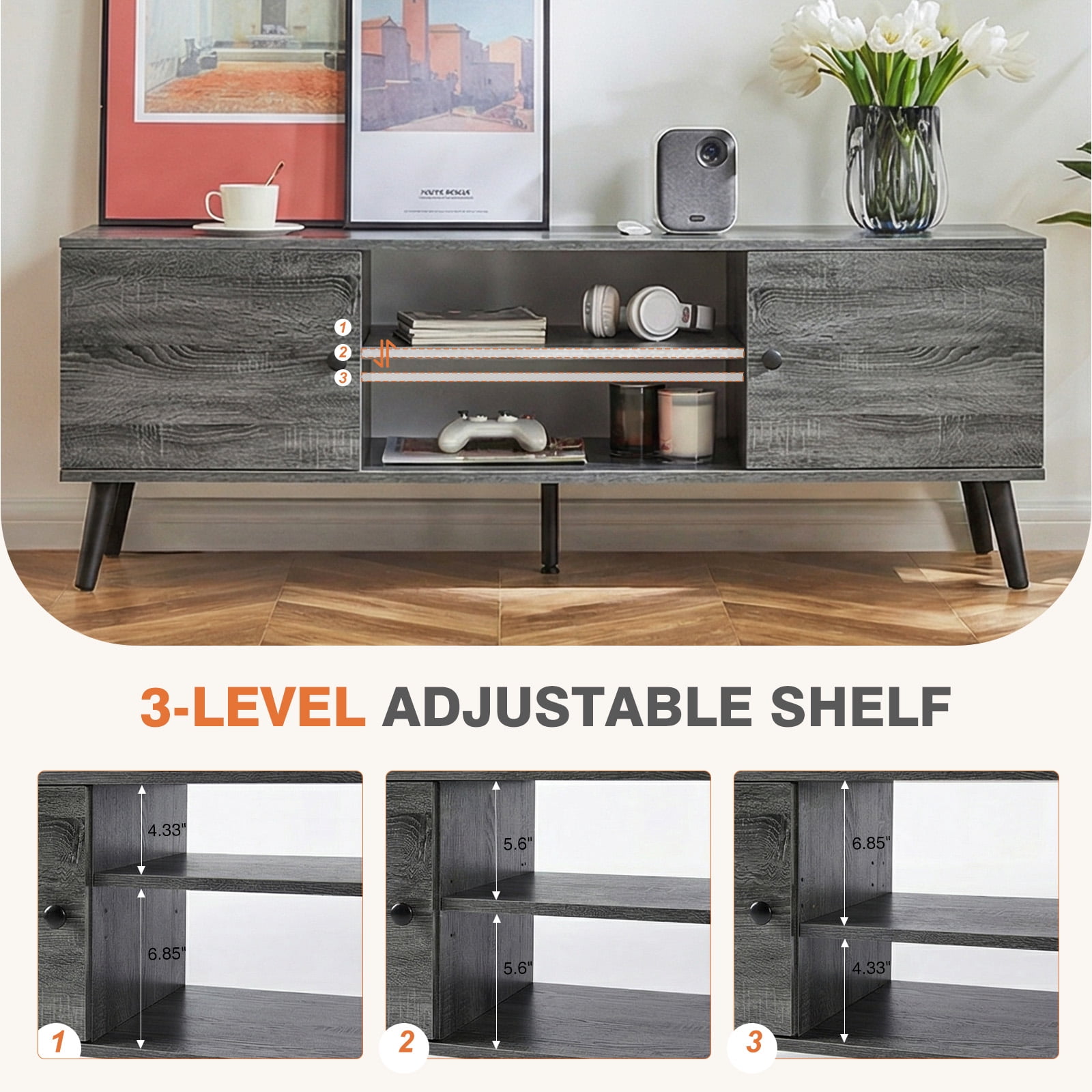 EDX Retro-Modern TV Stand, Mid-Century Media Console with Soft-Close Cabinets & Adjustable Shelves, Engineered Wood TV Cabinet for 50-65 Inch TVs, Grey Wood Grain