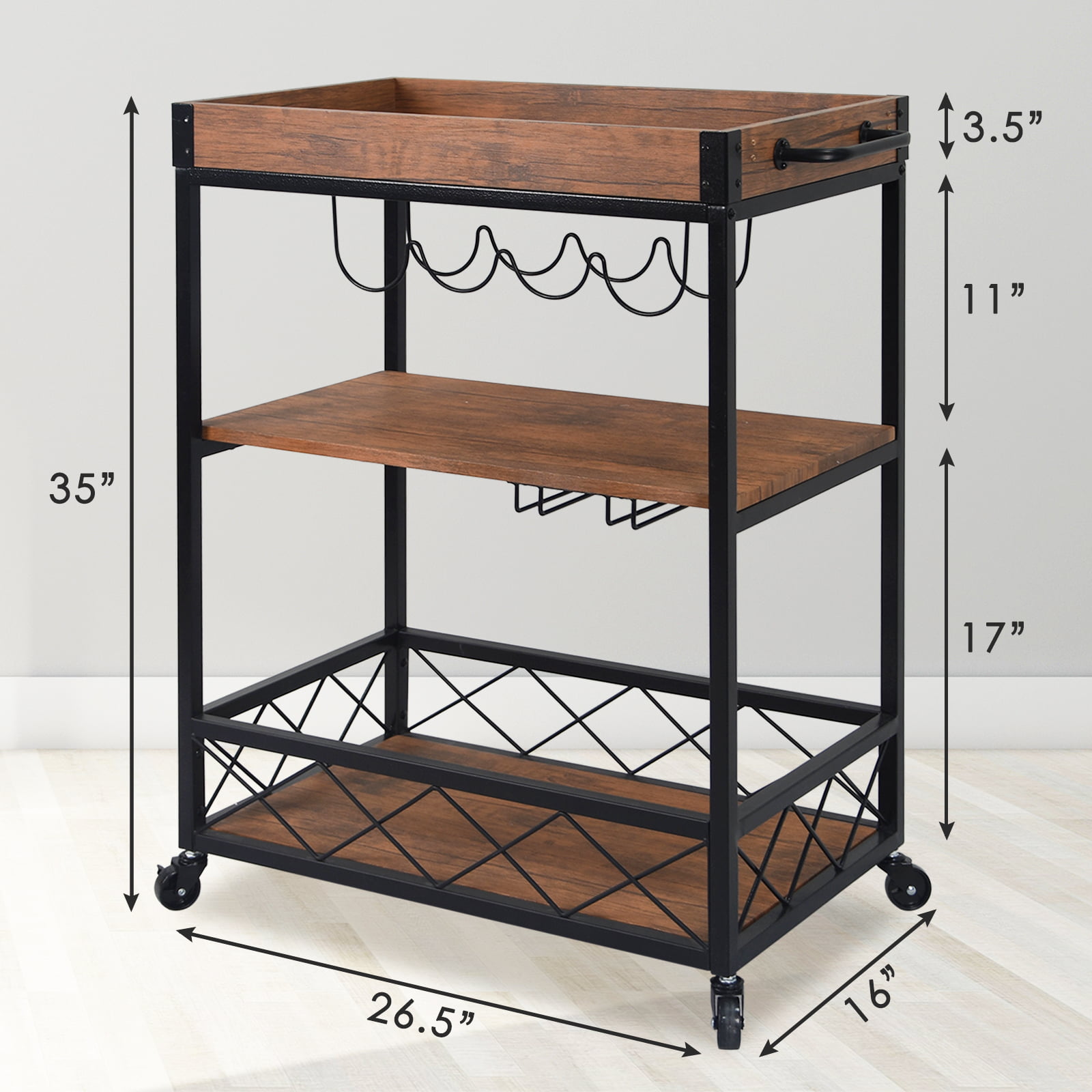 NSdirect Kitchen Island Cart,Industrial Kitchen Bar&Serving Cart Rolling on Wheels Utility Storage Trolley with 3-Tier Wine Rack Shelves&Three Storage Drawers,Soild Rubber Wood Top,White 