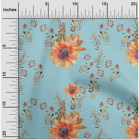 oneOone Cotton Poplin Twill Sky Blue Fabric Flower & Leaves Watercolor Sewing Craft Projects Fabric Prints By Yard 56 Inch Wide