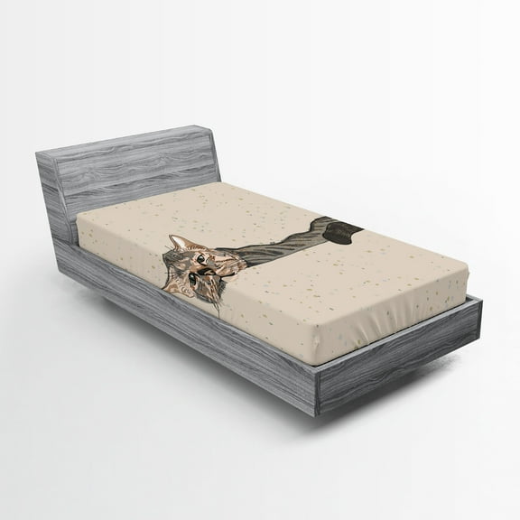 Ambesonne Animal Fitted Sheet, Lazt Sleepy Cat, Twin XL Size, Grey Beige