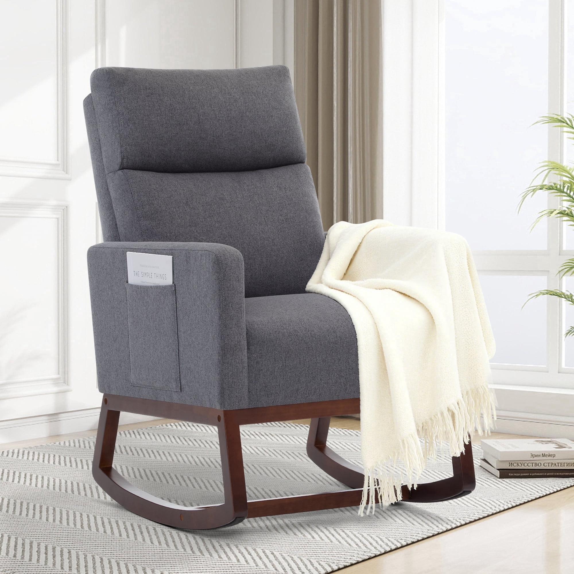 AUNEKIV Rocking Chair Nursery, Upholstered Accent Rockers, Nursing Glider Chairs for Bedroom, Grey