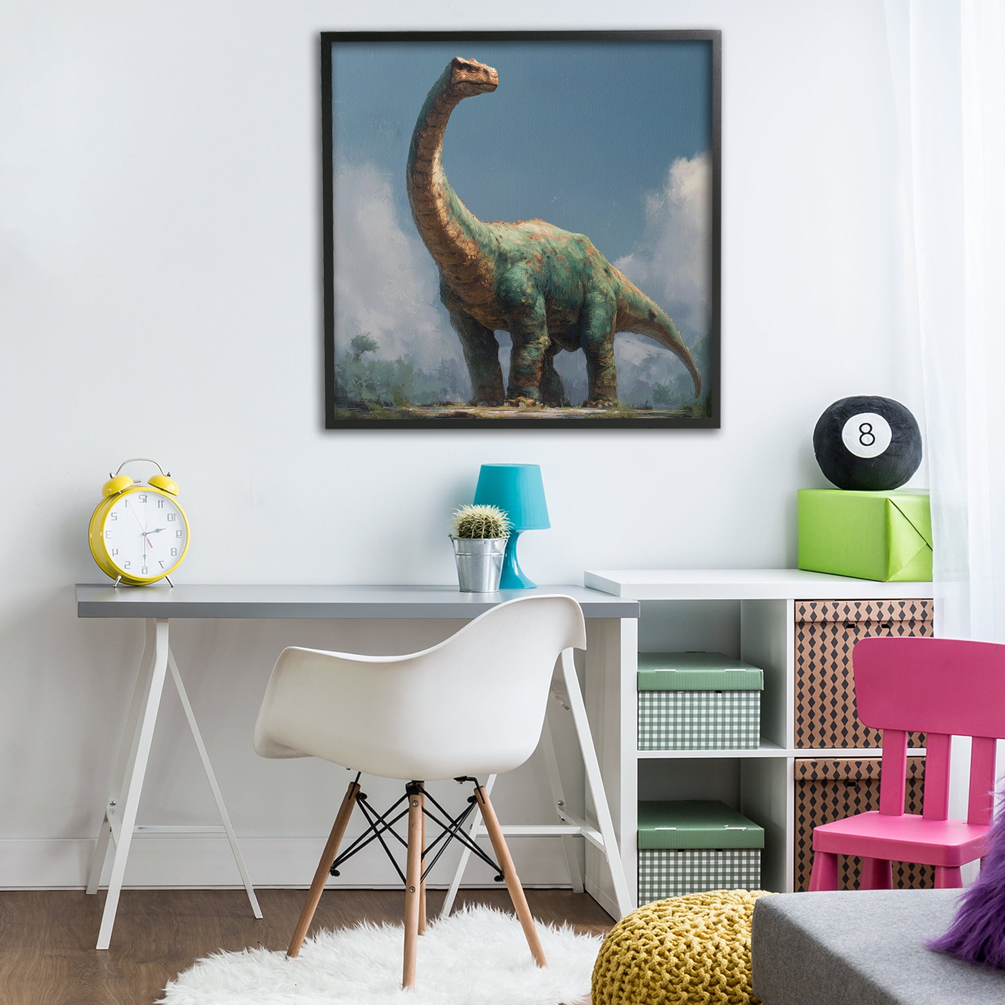 Stupell Industries Colossal Brontosaurus in Meadow Black Framed Giclee Art, design by Wumples
