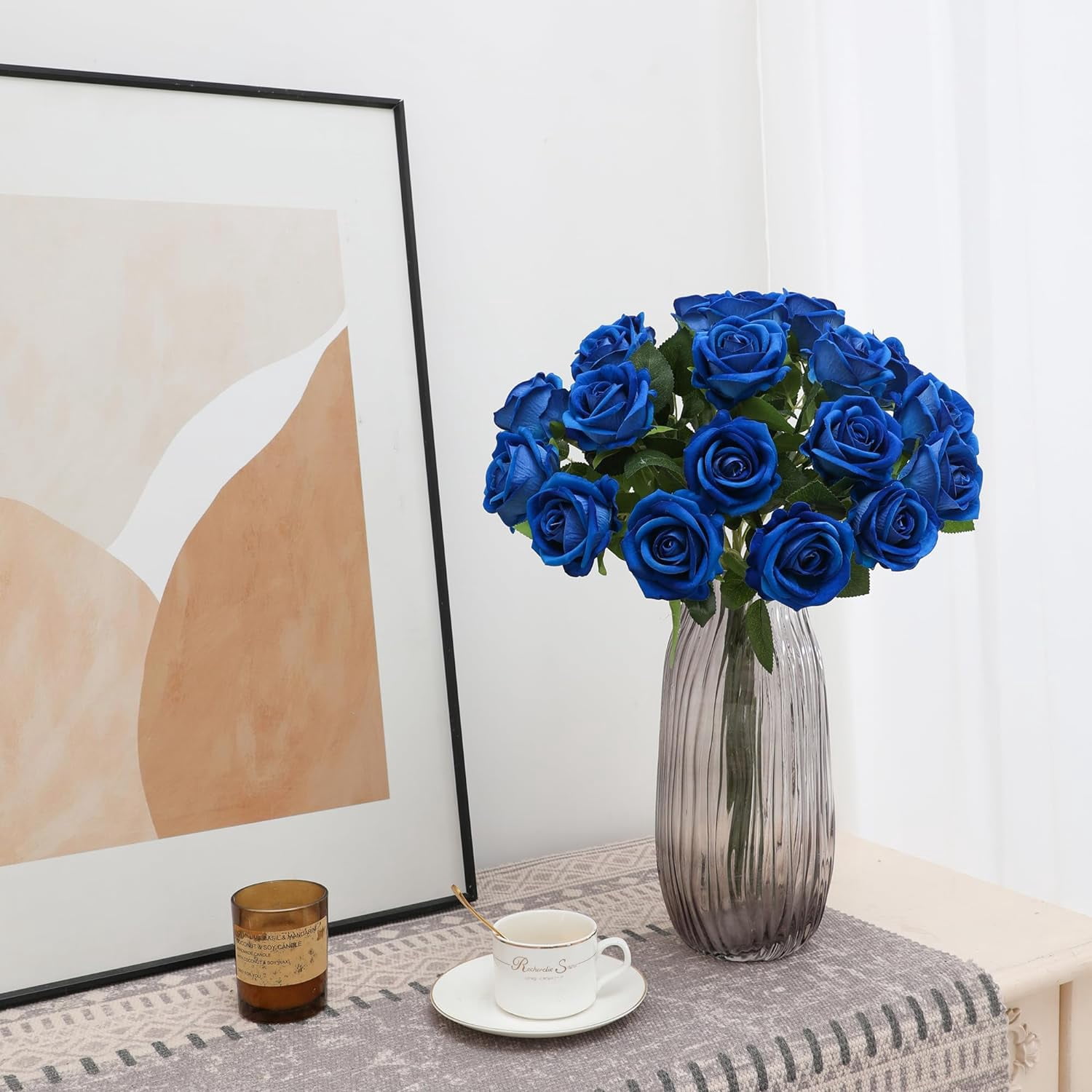 Blue Fake Roses Artificial Flowers - Fake Artificial Roses Silk Flowers with Stems for Home Wedding Hotel Office Centerpiece Decor
