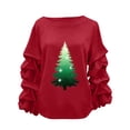 thumbnail image 2 of Yteetum Women's Christmas Crewneck Sweatshirts Oversized Christmas Tree Print Pleated Ruffle Trim Pullover Hoodless Sweatshirts Womens Casual Xmas Graphic Round Neck Loose Lantern Sleeve Sweatshirts, 2 of 5