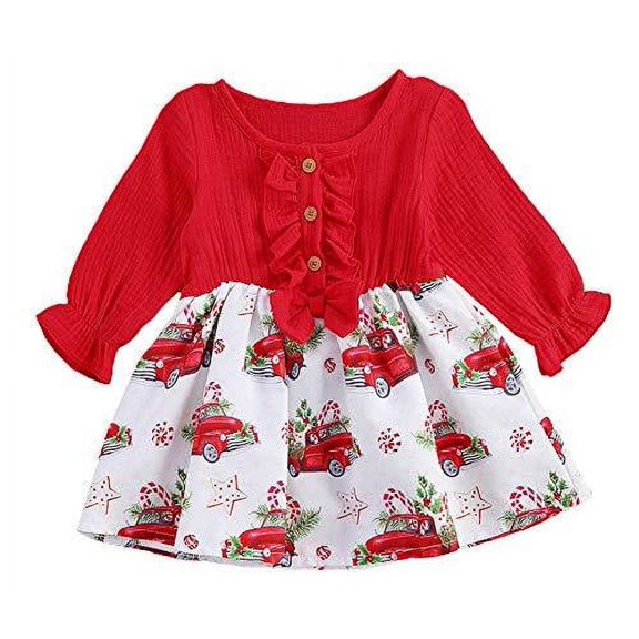 Styles I Love Baby Toddler Girls Red Ruffle Long Sleeve Christmas Print Holiday Dress Outfit