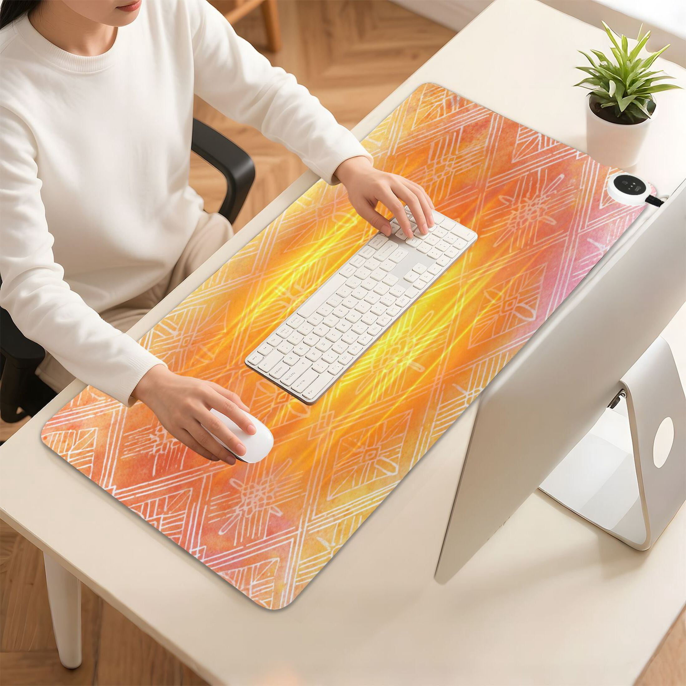 Large Heated Desk Mat Mouse Pad 31.5"x13"PU Leather Graphene Heating Desk Warmer with 3 Temperature Settings 110V US Plug Non-Slip Warm Pad for Home, Office, and Gaming Orange Watercolor Batik Print