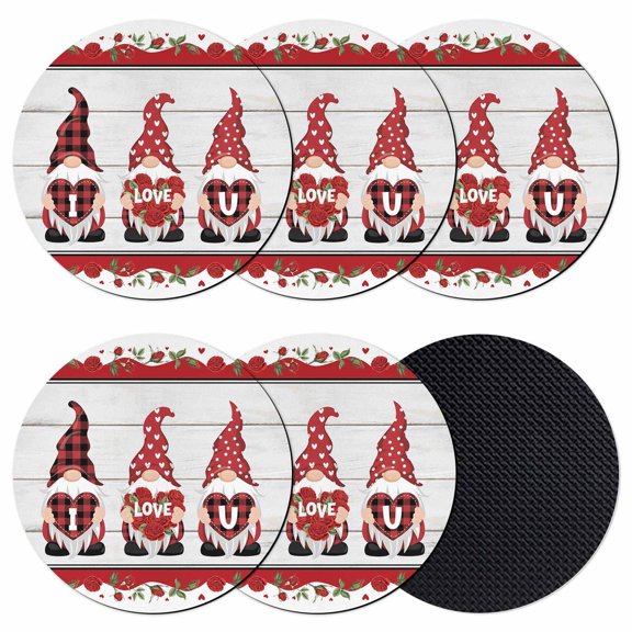 Valentine's Day Coasters Set of 6, Absorbent Coasters for Drinks, Vintage Love Heart Romantic Roses Gnomes Coaster for Desk Coffee Table Protection, Home Decor House Warming Gifts 4"