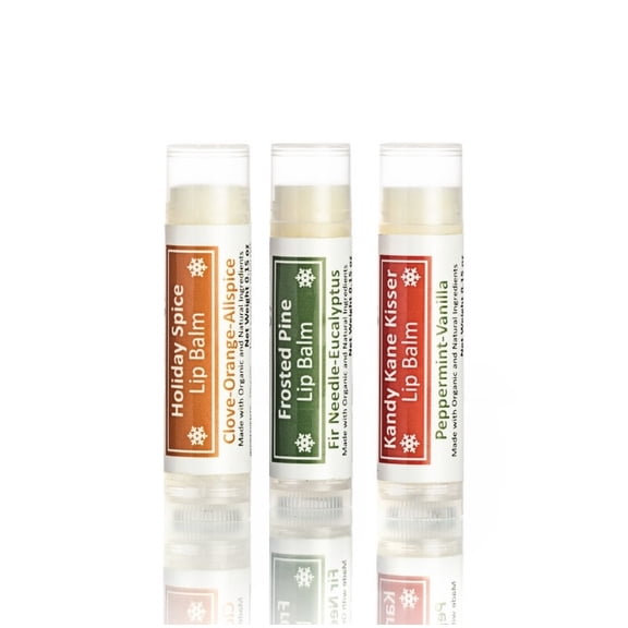 Kosmatology Organic Holiday Lip Balm - 3 Pack Gift Set | Beeswax Free | Vegan | 100% Natural Moisturizer for Cracked & Dry Lips | Scents Frosted Pine, Holiday Spice, & Kandy Kane Kisser