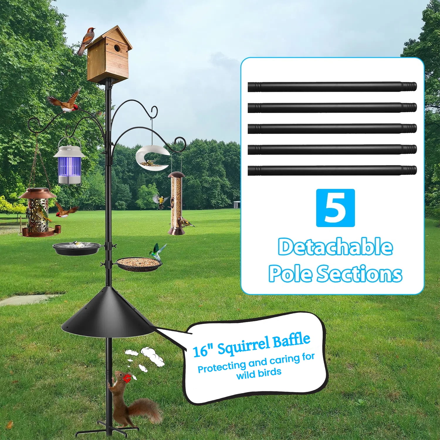 Teblint 92" Bird Feeding Station, Heavy Duty Bird Feeder Pole Bird House Stand Mount Kit w/ Squirrel Proof Baffle 4 Shepherds Hooks, Adjustable Feeder Stand for Outdoor Wild Birds Watching