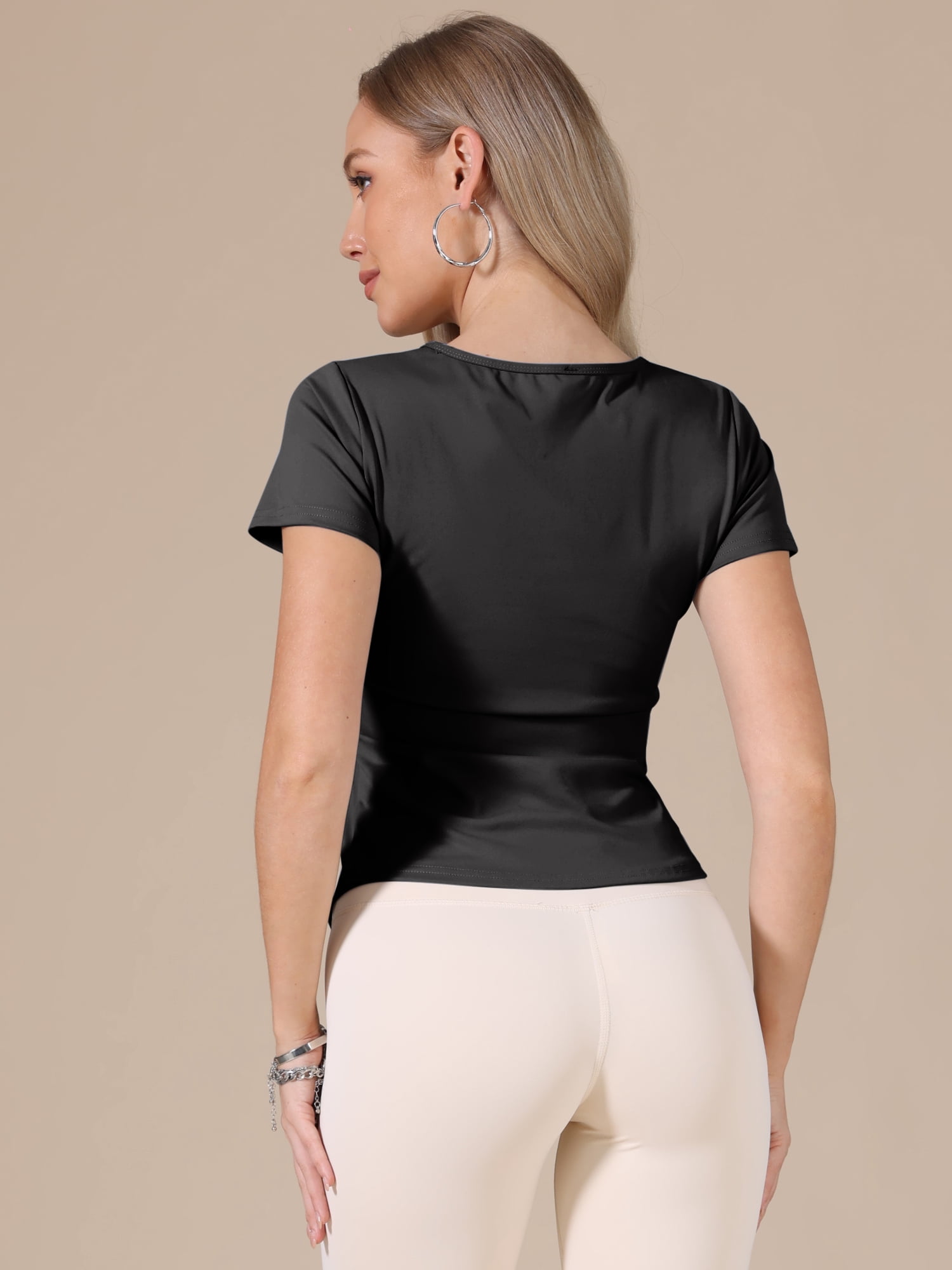 DARING DIVA Women's Elastic Workout Tops Short Sleeve Running Gym Shirts M Black