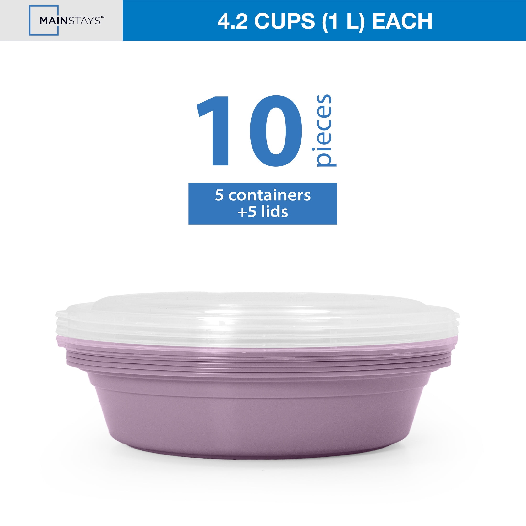 Mainstays 5-Pack 3-Compartment Round BPA-Free Plastic Meal Prep Food Storage Containers, 1L, Lilac Bloom