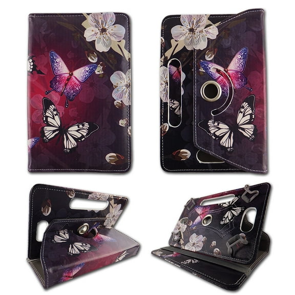 White flower butterfly folio tablet Case for Tagital 7 inch android tablet cases 7 inch Slim fit standing protective rotating universal PU leather standing cover