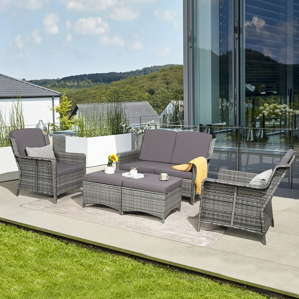 5 Pieces Patio Furniture Conversation Set, All Weather Wicker Sectional