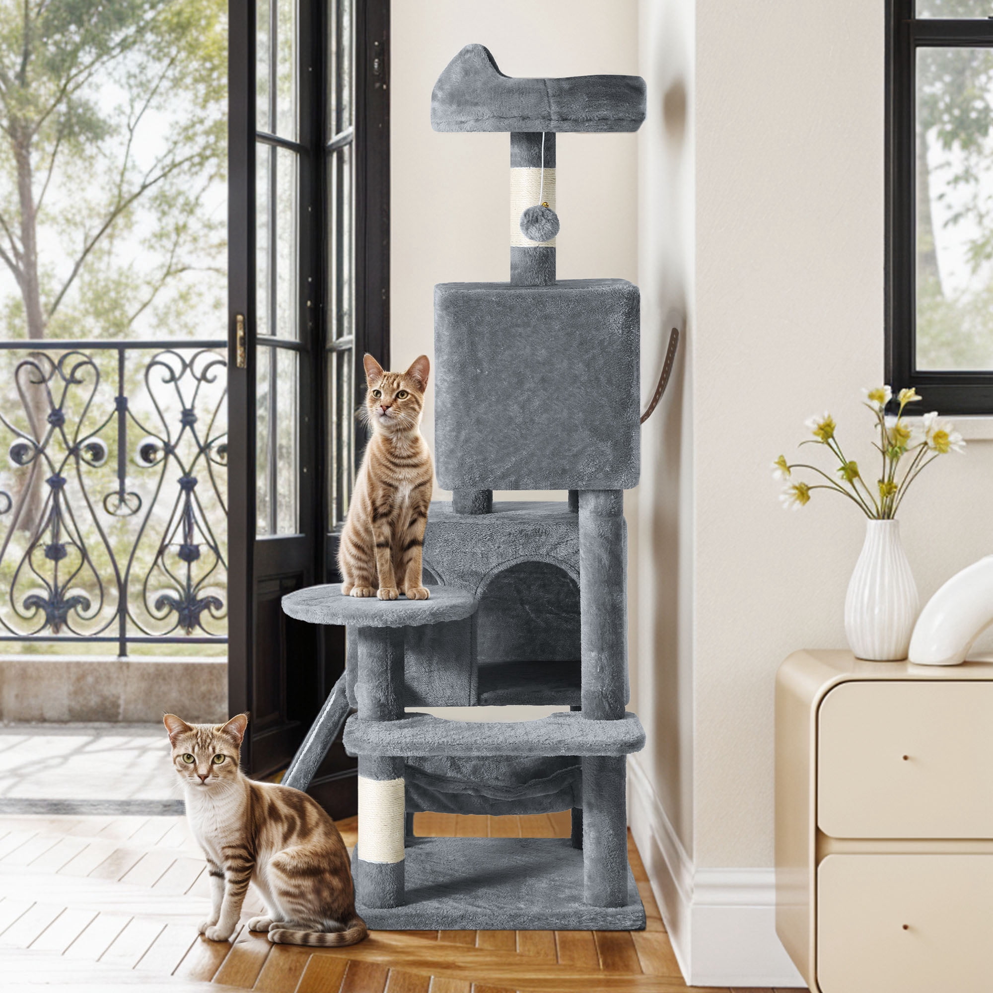 Dextrus 54" Multi-Level Cat Tree Tower with Cat Condos, Plush Top Perches, Hammocks, Sisal Scratching Post Board, Indoor Cat Activity Center,Dark Gray