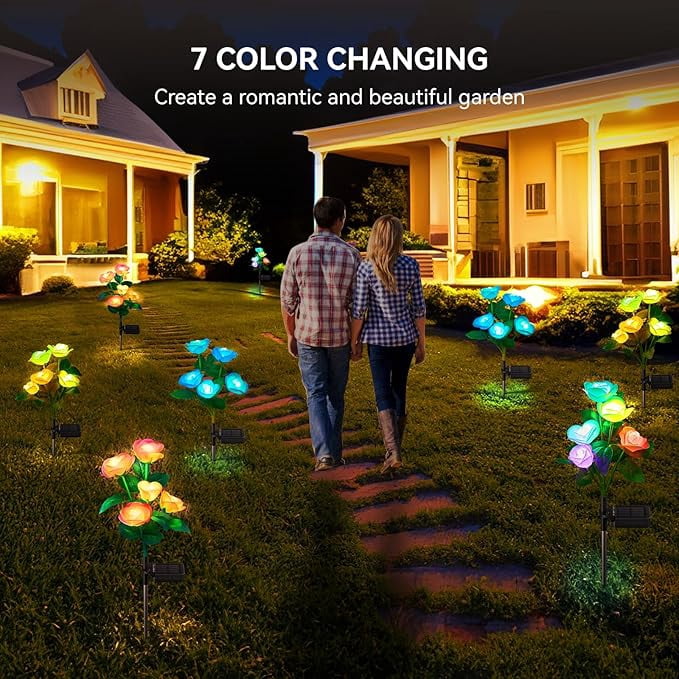 KOMI Solar Garden Lights Outdoor, 4 Pack Solar Lights Outdoor with 20 Rose Flowers, Waterproof 7 Color Changing Solar Powered Flowers Lights for Outside Patio Yard Pathway