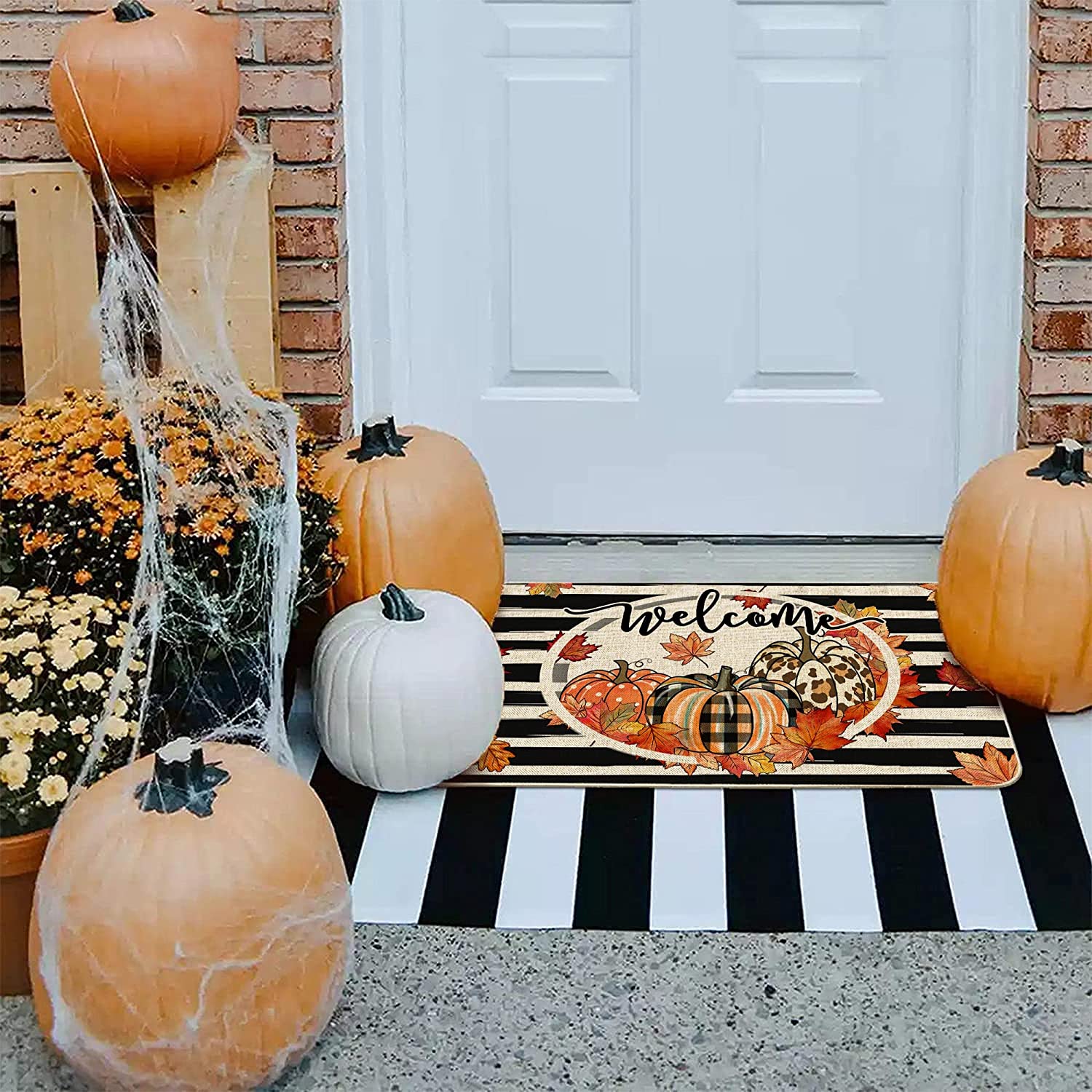 Hexagram Fall Door Mats 17x30 Inch, Fall Welcome Mats Outdoor, Autumn Fall Pumpkin Farmhouse Buffalo Plaid Doormats for Front Door Decorations, Decorative Fall Decor for Home