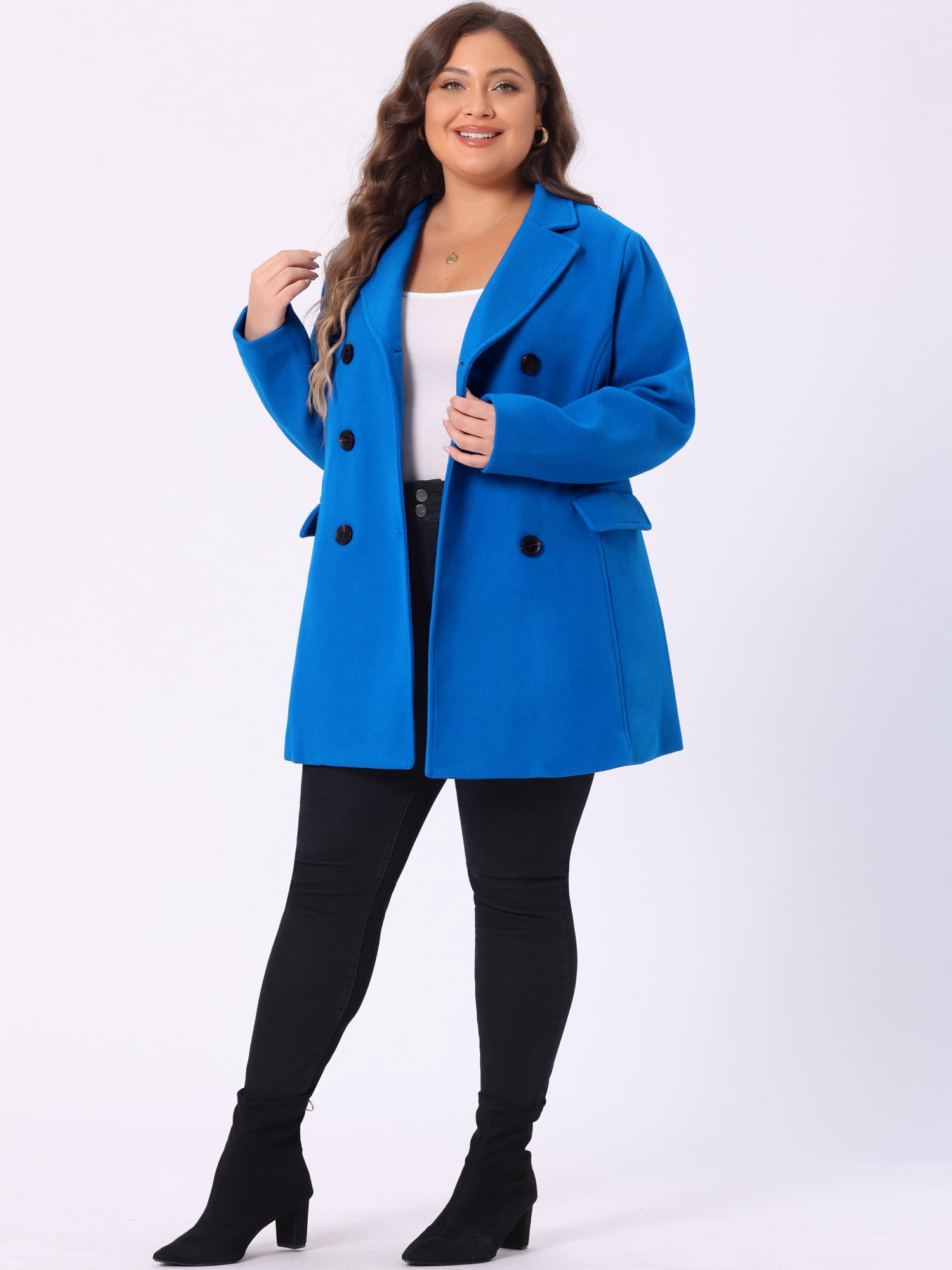 DARING DIVA Women's Plus Size Notched Lapel Double Breasted Long Coat 4X Royal Blue