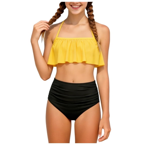 NIEWTR Girls Swimsuit Bikini Sets 2 Piece Color Block Bathing Suits For Teen Girls Swimwear Swimwear Beach Bathing Suit for Summer Vacation 13-14 Years Yellow