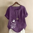 thumbnail image 2 of Clean Vintage Linen Tshirts for Women Floral Printed Tunic Blouses Plus Size Loose Fitted T Shirts Round Neck Short Sleeve Tops Front Buckle Basic Tunics Cute Butterfly Pattern Blouses Outfits, 2 of 4